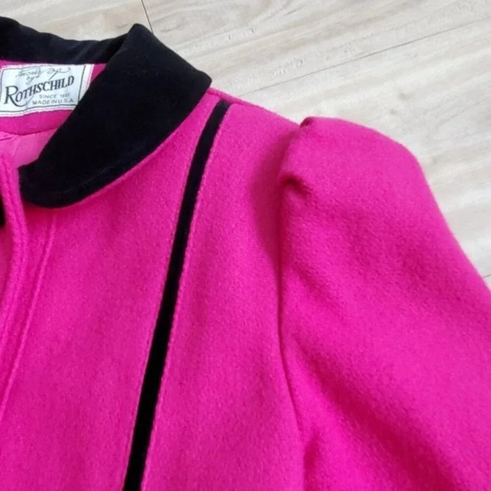 Vintage 70s/80s Rothschild Pink Wool Black Velvet Coat - Picture 5 of 12